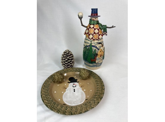 Colorful Snowman Figure  & Plate With Pinecone Candle Decor