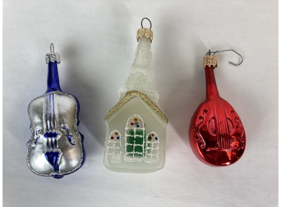 Trio Of Fine Glass Ornaments- 2 Instruments & Church