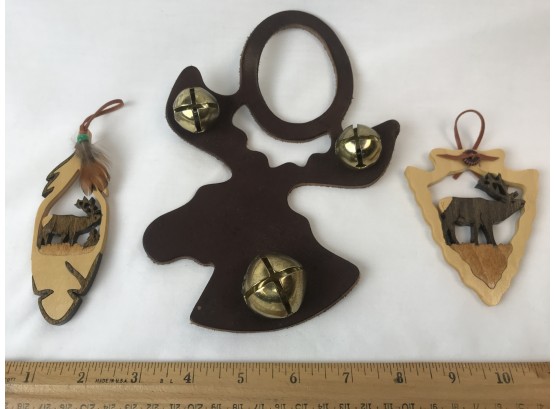 Leather Moose Themed Door Hanger With Bells & 2 Wooden Handmade Elk Ornaments