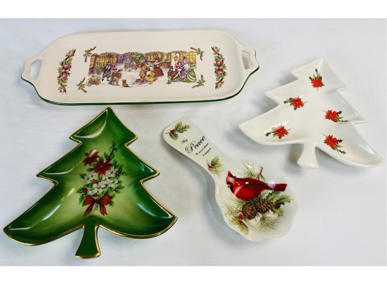 Two Ceramic Christmas Tree Candy Dishes & Ceramic Cardinal Peace Spoon Rest With Long Ceramic Holiday Plater