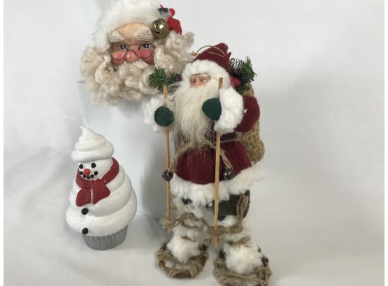 Detailed Tall Santa In Snowshoes, Snowman Ornament & Detailed Vintage Styled Santa Ornament With Soft Beard