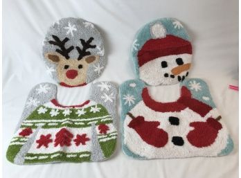New/unused Rudolph & Snowman Themed Bathroom Mats & Matching Toilet Lid Covers Set