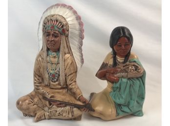 Big Unique Vintage Hand-painted Ceramic Native American Family Statues