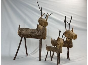 Set Of Three Wooden Handmade Reindeer (see Photos For Condition)