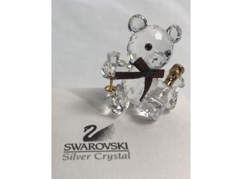 Swarovski Silver Crystal Handmade Austrian Crystal Bear With Gold Detailed Wine Glass & Bottle