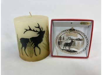 Beautiful Elk Themed Pair - 24k Gold Plated Ornament & Decorative Candle