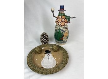 Colorful Snowman Figure  & Plate With Pinecone Candle Decor