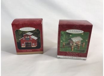 Pair Of Hallmark Keepsake Ornaments- Red Barn & Bait Shop