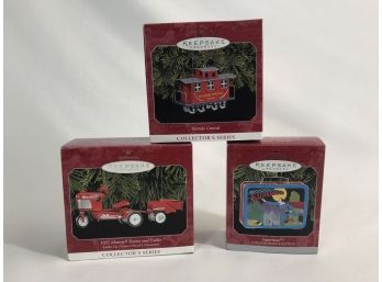Trio Of Hallmark Keepsake Ornaments- Yuletide Central Caboose, Murray Tractor & Trailer & Superman Lunchbox