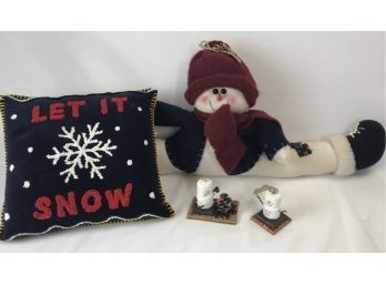 Let It Snow Themed Light Featuring Ornate Handmade Marshmallow Smores Ornaments, Fluffy Pillow & Snowman