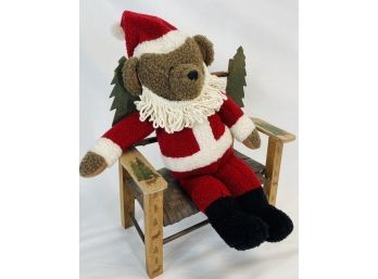 Santa Teddy Bear With Detailed Pine Themed Wooden Bench
