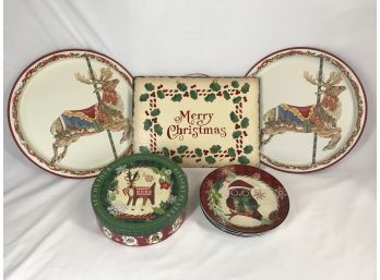 Beautiful Christmas Plate Set In Matching Round Box, 2 Large Reindeer Platters, & Merry Christmas Sign