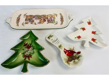 Two Ceramic Christmas Tree Candy Dishes & Ceramic Cardinal Peace Spoon Rest With Long Ceramic Holiday Plater
