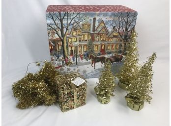 Big Beautiful Sturdy Decorative Holiday Gift Box With Assorted Gold Themed Holiday Decor