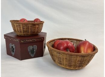 Great Lot With Papier-mch Apples, Two Woven Baskets & Decorative Cardboard Box