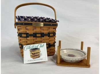 1999 Longaberger Collectors Club Basket & 1998/25th Anniversary Longaberger Pottery Plate With Rack