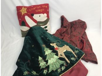 Two Beautiful Christmas Tree Skirts & Polar Bear Decorative Throw Pillow