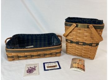 1996 Longaberger Collectors Edition Small Serving Tray &  1996 Membership Basket With Navy & Green Inserts