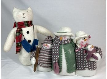 Winter Themed Stuffed Snowman Family & Kitty With Mittens & Scarf - Weighted Bottoms