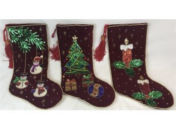 3 Detailed Sequined Large Christmas & Snowman Themed Stockings With Red Tassels