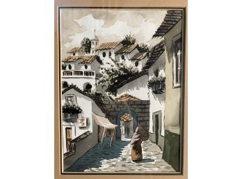 Wonderful Watercolor Scene Of Mediterranean Style Village With Cobblestone Street