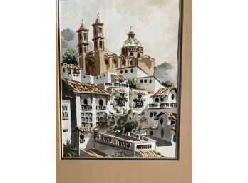 Framed Textured Watercolor  Print Of Church & Village