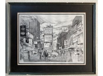 Framed, Signed Artist Print Of New York City Time Square Pen & Ink Illustration (circa Late 70's /early 80's)