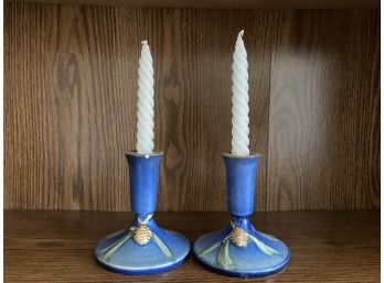 2 Roseville Pottery Candle Sticks Holders With Pinecone Motif