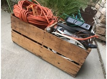 Vintage Wood Crate With Large Assortment Of Extension Cords And Surge Protectors