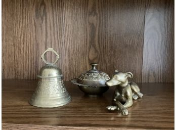 Three Nice Brass Pieces Including A Sculpture Of A Dog, Brass Bell, And Lidded Vintage Container