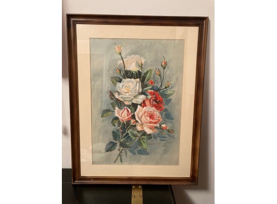 Vintage Framed Watercolor Painting Of Roses