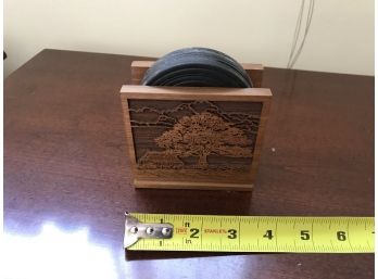 Vintage Wood Coaster Holder With Possibly Bakelite Coasters