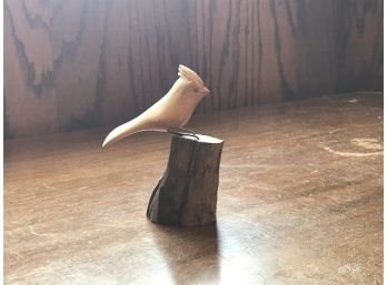 Signed Hand Carved Bird On Stump