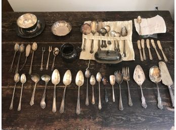 Large Lot Of Vintage Andvintage And Antique Plated Silver Ware,Dishes,and Glass Butter Dish