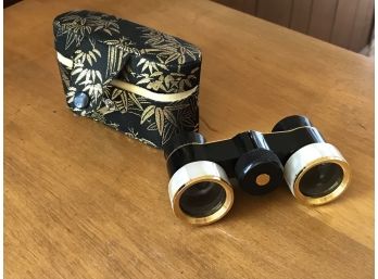Vintage 3X Mother Of Pearl Gold Carton Opera Glasses With Vintage Silk Case