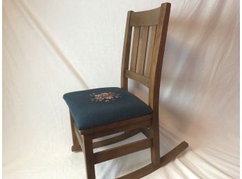Wonderful Folkstyle Antique Rocking Chair With Needlepoint Embroidered Seat