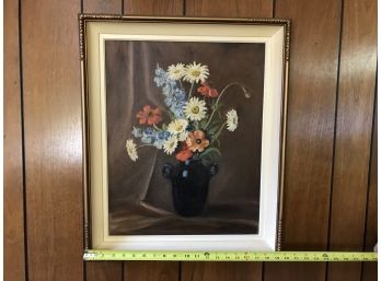 Large Beautiful Painting Of Daisy And Assorted Flowers With Dark Back Drop