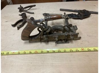 Awesome Mix Of Vintage Tools Featuring An Antique Stanley No 55 Planer, Cutter, And Victor Antique Can Opener