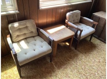Vintage Wooden Padded Wicker Chairs With Table