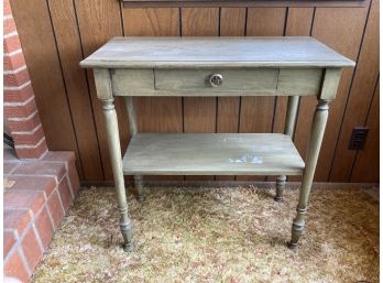 Wooden Vintage Spindle Leg Table With Center Drawer And Platform