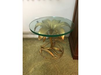 Vintage Design Gold Colored Lily Flower Side Table With Glass Top