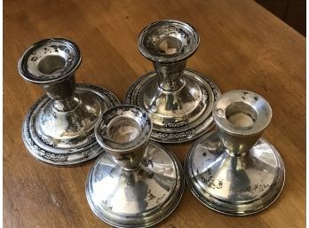 4 Silver Plated Vintage Candleholders (two Pairs) And Small Brass Candle Holders