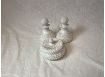 Vintage Milk Glass Bottles With Stoppers And Milk Glass Container With Lid
