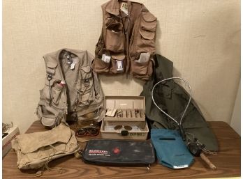 Assortment Of Vintage Fishing Related Items Including Two Fully Loaded Fishing Vests