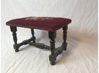 Beautiful Antique Spindle Leg Stool With Burgundy Needlepoint Embroidery