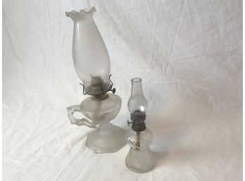 Two Beautiful Antique Fuel Lamps, One Glass And Crystal And The Other Ceramic And Glass With Duck Motif