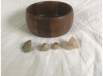 Collection Of Quartz And Various Stones In Hand Carved Walnut Wooden Bowl