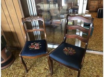 2 Beautiful Antique Chairs With Blue Upholstery And Hand Stitched Needlepoint Seats
