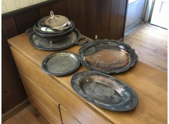 Antique Plated Silver Serving Trays And Container