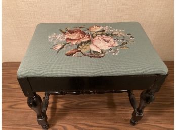 Antique 17 Inch Tall Dark Wood Stool With Rose Needlepoint